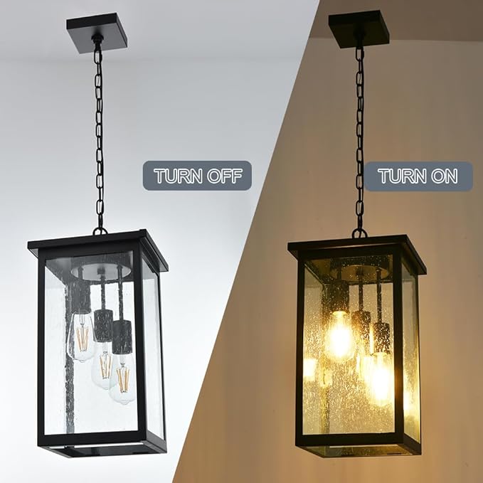 TODOLUZ 3-Lights Large Outdoor Pendant Light, Black Porch Ceiling Lighting Fixtures with Seeded Glass Panel, Exterior Hanging Lantern Adjustable Chain for Yard Entryway Patio