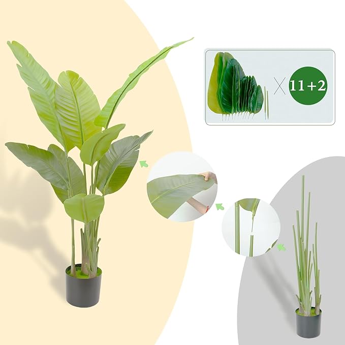 6FT Artificial Bird of Paradise Plant, Faux Artificial Trees, Tall Fake Realistic Tree, 11 Trunks Silk Leaf Plant with Plastic Pot for Home Office Decor Indoor Outdoor Modern Decoration