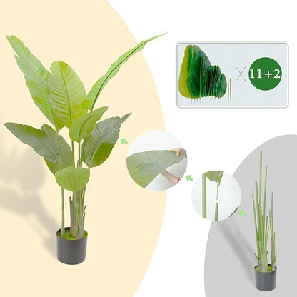 6FT Artificial Bird of Paradise Plant, Faux Artificial Trees, Tall Fake Realistic Tree, 11 Trunks Silk Leaf Plant with Plastic Pot for Home Office Decor Indoor Outdoor Modern Decoration