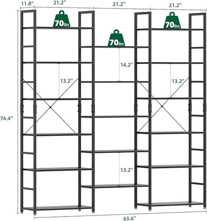 OTK Triple Wide 6 Tier Bookshelf, Rustic Industrial Style Bookcases with 14 Open Display Shelves, Wide Bookshelves for Bedroom, Living Room and Home Office, Black