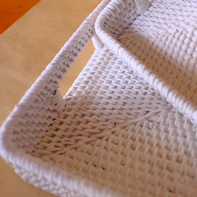 Rectangle Rattan- Handmade Serving Tray-Decorative Woven Ottoman-Trays with Handles for Coffee Table Natural Basket Wave Tray, L-11.7inch & H-2.3inch (White)