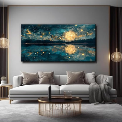 Moon Sea Ocean and Stars Canvas Wall Art -Moonrise at Sea Night Landscape Scene Printing, Moon & Lake Abstract Nature Artwork for Living Room, Bedroom & Coastal Home Décor, Ready to Hang 32L" x 16W"