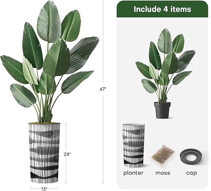 Artificial Tree in Black and White Vertical Stripe Planter, Fake Bird of Paradise Silk Tree for Indoor and Outdoor Home Decoration - 67" Overall Tall (Plant Pot Plus Tree)