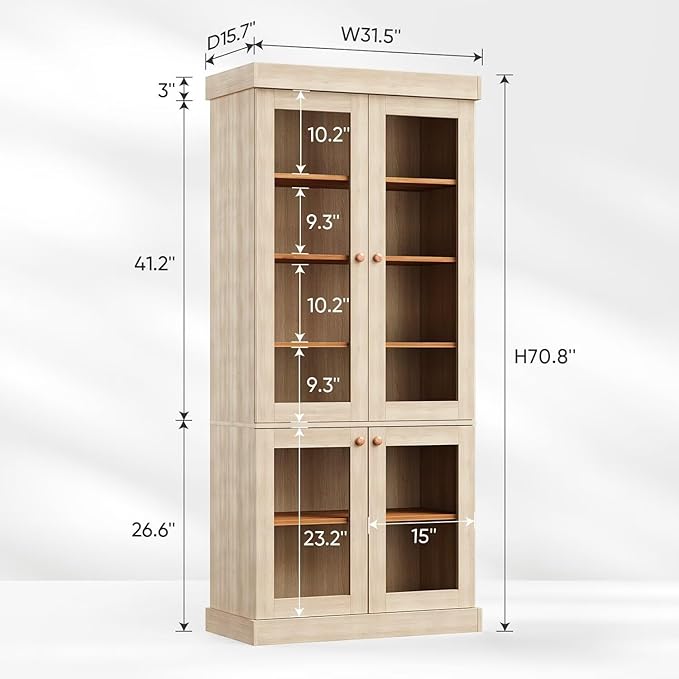 Vyre 70.8" Tall Brown Bookshelf with Glass Doors, Farmhouse Modular Bookcase with 6-Tier Adjustable Shelves, Large Storage Cabinet for Home Office, Living Room, Set of 4
