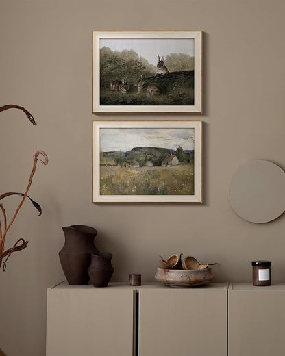InSimSea Framed Canvas Wall Art Prints, Framed Canvas Art Wall Decor, Abstract Serene Countryside Scene Wall Prints, Mid Century Modern Decor for Living Room Bedroom Office 12x16In