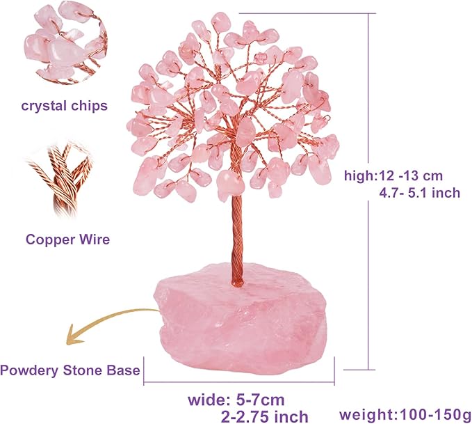 Rose Quartz Healing Crystal Tree，Natural Reiki Life Stone Base Copper Wire Tree Decor， Feng Shui Spiritual Energy for Pink Home Office Desk ， Ideal Meditation Gift for Women Men