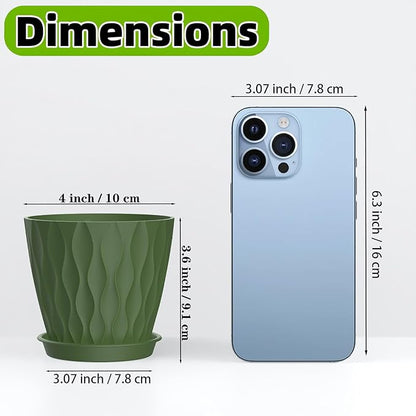16 Pack 4 Inch Plastic Planter Pots with Tray, Heavy Duty Indoor Outdoor Planter Pots with 48 Drainage Holes for Herbs, Succulents, Seedlings, Flowers Durable and Lightweight Army Green