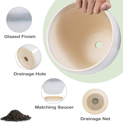 Ceramic Planter - 10 Inch Plant Pot with Drainage Hole and Plant Saucer, Round Decorative Large Flower Pots Indoor Outdoor, Home Patio Porch Room Decor, Birthday Gifts, White-Grey