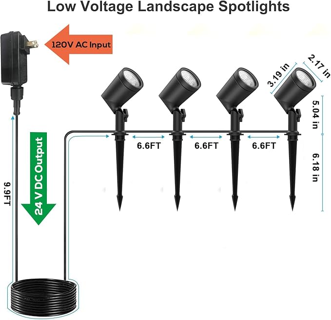 ZYAN Die-Cast Aluminum Landscape Spotlights, 6W 600LM 2700K Warm White, Low Voltage IP65 Waterproof Outdoor Landscape Lighting for Garden Yard Path, 4 Pack