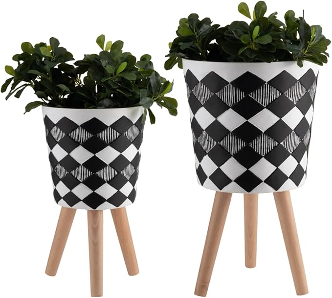 10/12" Set of 2 Geometric Planters for Outdoor and Indoor, Resin & Wood Mid-Century Modern Plant Pots with Stands for Garden and Home Decor, Herb, Succulent & Flower Pot