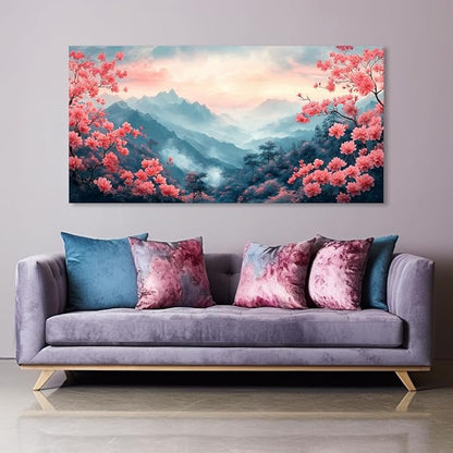 Pink Mountain Wall Art for Living Room Office Beautiful Floral Flower Painting Prints Mountain Flowers Landscape Canvas Artwork Girls Bedroom Decor Ready to Hang (30x60 Inches)