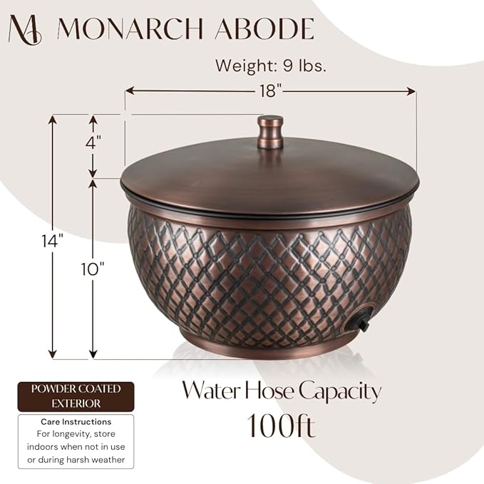 Monarch Abode Garden Hose Holder with Lid – Decorative Water Hose Holders for Outside, Diamond Embossed Metal Antique Copper Pot with Drainage, 100ft Waterhose Holder for Outside, Garden Storage Caddy