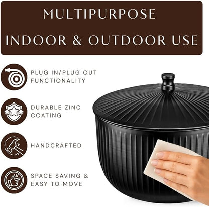Monarch Abode Garden Hose Holder with Lid – Decorative Water Hose Holders for Outside, Ridge Embossed Metal Matte Black Pot with Drainage, 100ft Waterhose Holder for Outside, Garden Storage Caddy