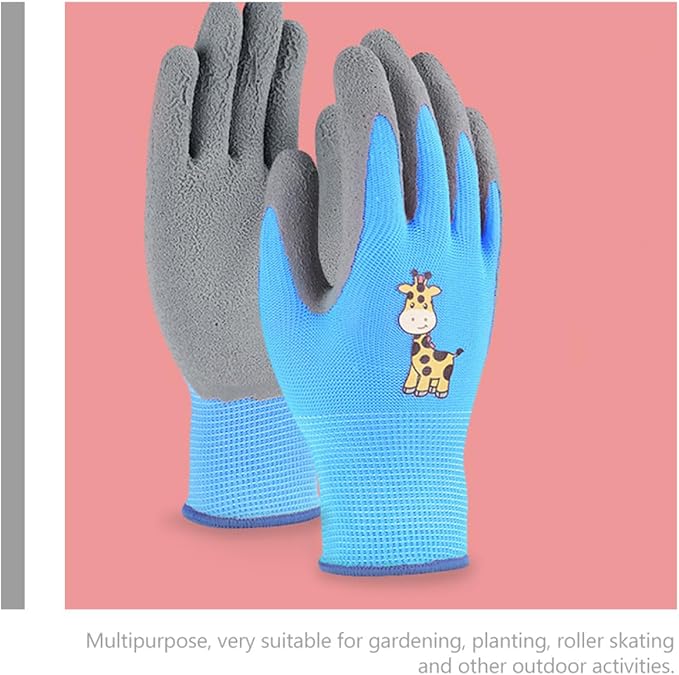 GANAZONO 3 Pairs Outdoor Work Gloves for Pruning, Weeding, and Protective Use, Size S, Cartoon Blue, Yellow, and Pink Giraffe Design