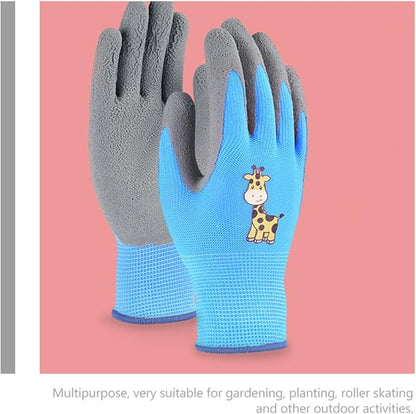 GANAZONO 3 Pairs Outdoor Work Gloves for Pruning, Weeding, and Protective Use, Size S, Cartoon Blue, Yellow, and Pink Giraffe Design