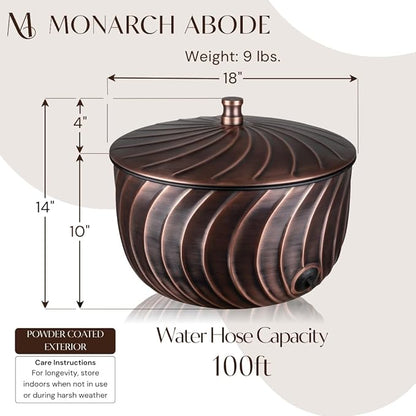 Monarch Abode Garden Hose Holder with Lid – Decorative Water Hose Holders for Outside, Wave Embossed Metal Antique Copper Pot with Drainage, 100ft Waterhose Holder for Outside, Garden Storage Caddy