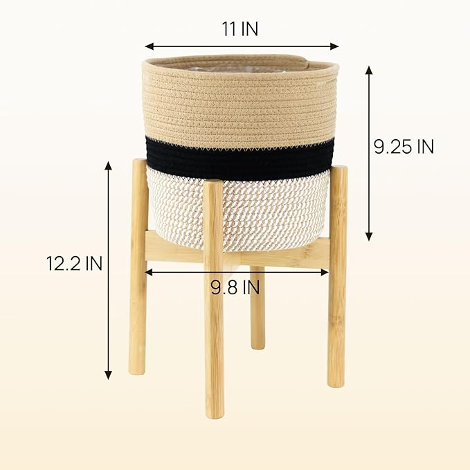 Plant Basket with Stand, Indoor Woven Basket with Bamboo Wood Stand Round Boho Planter Pot Holder Rustic Baskets for Plants and Home Decor