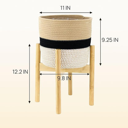 Plant Basket with Stand, Indoor Woven Basket with Bamboo Wood Stand Round Boho Planter Pot Holder Rustic Baskets for Plants and Home Decor