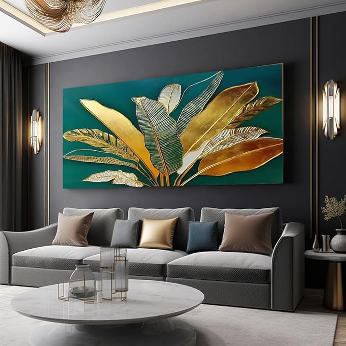 Green Leaf Wall Art, Green and Gold Leaves Wall Painting, Emerald Green Tropical Botanical Décor Canvas Prints, Abstract Sage Boho Painting for Office Home Décor, Ready to Hang 46L" x 23W"