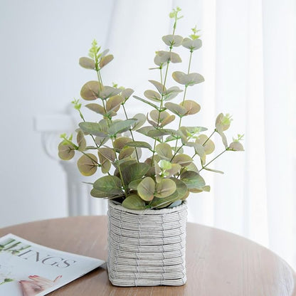 Small Fake Plants 16 Inch Eucalyptus Stems Artificial Plant in Offwhite Leather Woven Planter with Polished River Rocks Evergreen Faux Plant Indoor for Home Bathroom Kitchen Decor