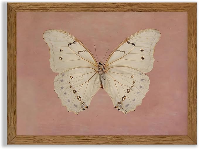 Wojuin Framed Pink Vintage Butterfly Canvas Wall Art, Neutral Moody Insect Farmhouse Wall Decor, Antique White Moth Aesthetic Poster Print for Living Room Bedroom Bathroom Dorm Office 12x16 in