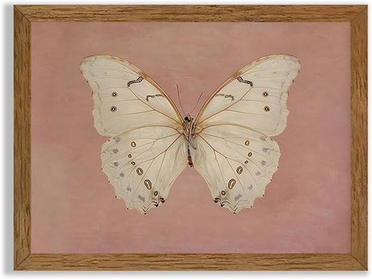 Wojuin Framed Pink Vintage Butterfly Canvas Wall Art, Neutral Moody Insect Farmhouse Wall Decor, Antique White Moth Aesthetic Poster Print for Living Room Bedroom Bathroom Dorm Office 12x16 in