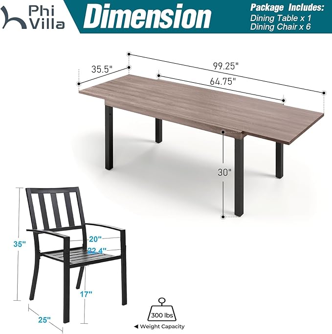 PHI VILLA 7 Piece Outdoor Dining Set for 6, Expandable Wood-Like Metal Dining Table & Wrought Iron Stackable Chairs, Large Dining Furniture for Patio, Deck, Backyard, Porch