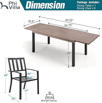PHI VILLA 7 Piece Outdoor Dining Set for 6, Expandable Wood-Like Metal Dining Table & Wrought Iron Stackable Chairs, Large Dining Furniture for Patio, Deck, Backyard, Porch