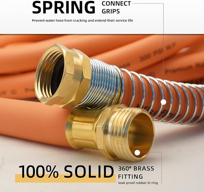 WiseFlow Garden Hose 25FT x 5/8", Heavy Duty Rubber Hose, Water Hose with Five Layered Braiding, Male Female Fittings, 1000PSI Burst, 300PSI Working (Orange)