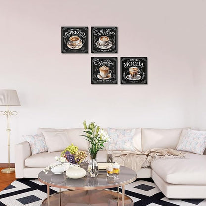 4 PCs Coffee Wall Decor Canvas Wall Art Framed Art Coffee Bar Decor Posters, Gifts for Coffee Lovers, Coffee Bar Sign, Artwork for Walls Coffee Station Dining Room Kitchen Home Office Decor