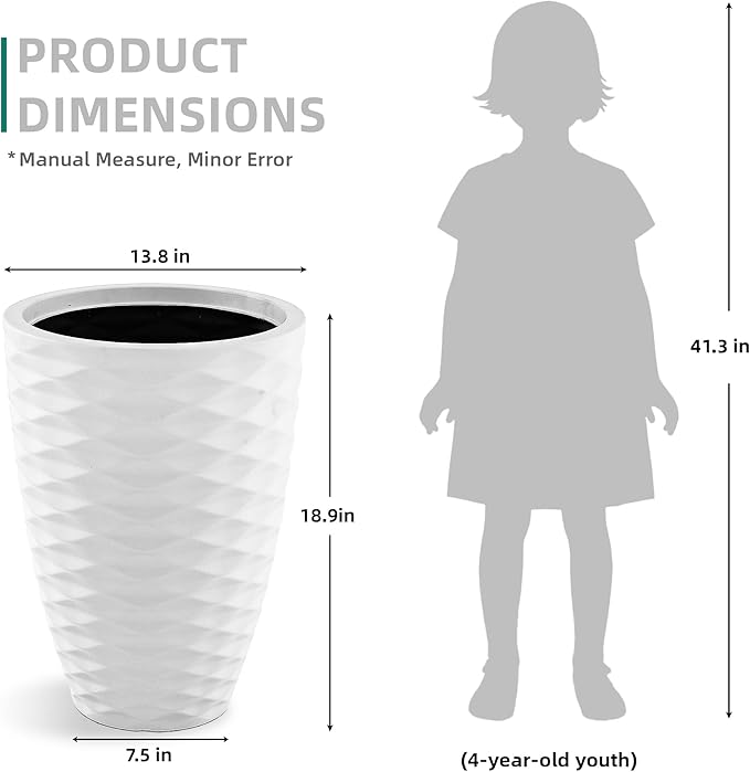 Planters for Indoor/Outdoor Plants (Set of 2), 19in Tall Large Garden Pots, Wavy Matte White Planter, Faux Ceramic Flower Pots, All-Weather Durable HDPE Plastic Plant Pot with Drainge Hole