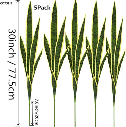 5 Pack Artificial Snake Plants Faux Agave Plant Fake Sansevieria Unpotted 30 inch Artificial Plants Suitable for Garden Home Office Indoor Outdoor Decoration (Yellow Green)