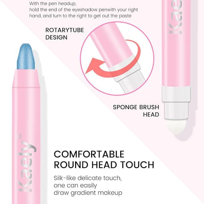 evpct 1Pcs Sky Blue Shimmer Cream Eye Shadow Brightener Sticks for Eyes Waterproof Pigmented, Double Ended Cream Eyeshadow Stick Pencil Pen with Applicator, Eye Shadow Palette Highlighter Makeup 10