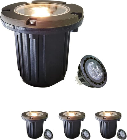 MALORY Brass Top Cover Landscape Well Lights, (4.6''H) 12V Low Voltage Outdoor In Ground Lights,Landscape Lighting for Pathway, Driveway and Garden 4-Pack with MR16 Bulb (Flat Top)