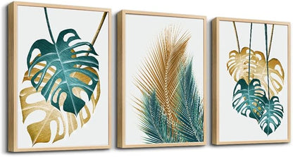 Natural Wood Framed Wall Art For Living Room Wall Decorations For Bedroom Kitchen Wall Decor Dining Room Abstract Painting Leaves Wall Pictures Artwork Bathroom Home Decor 3 Piece Framed Art Prints