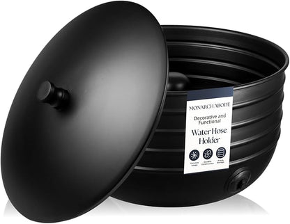 Monarch Abode Garden Hose Holder with Lid – Decorative Water Hose Holders for Outside, Border Embossed Metal Matte Black Pot with Drainage, 100ft Waterhose Holder for Outside, Garden Storage Caddy