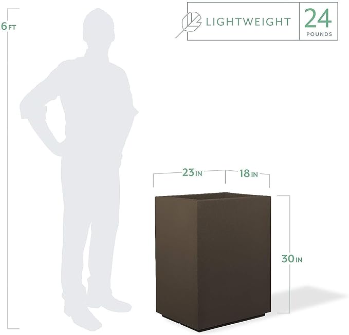 PolyStone Cozumel Tall Modern Outdoor/Indoor Column Planter, 23" L x 18" W x 30" H, Lightweight, Heavy Duty, Weather Resistant, Polymer Finish, Commercial Grade and Residentia (Chocolate Brown)