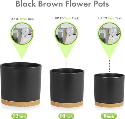 12/10/8 inch Large Deep Plant Pots, 3 Pack Tall Cylinder Flower Pots for Outdoor Indoor Plants, Plastic Planters with Drainage Holes and Saucers for Garden Porch House Plants, Black