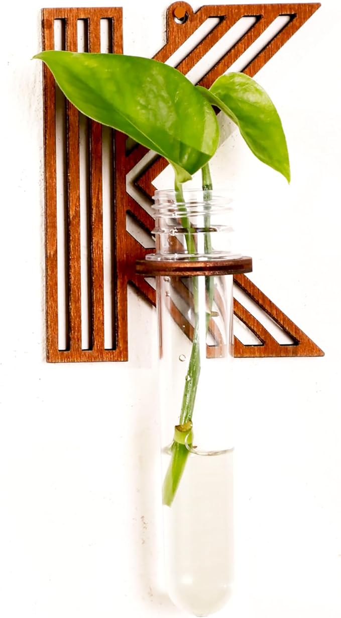 Wood Letter Wall Planter Terrariums Propagation Station with Test Tube Clear Flower Vase for Hydroponics Custom Vertical Garden Walnut DIY Home Decor Hanging Plant Holder Alphabet