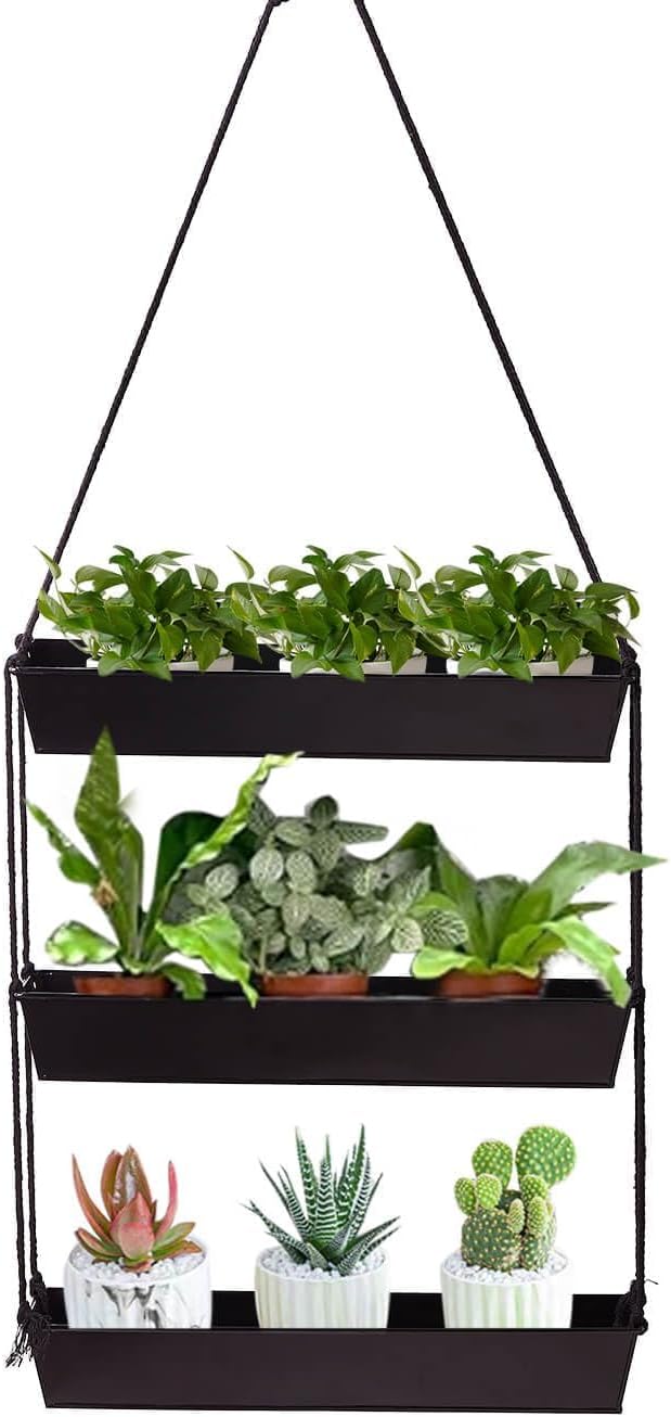 vensovo 16" Metal Wall Planter – 3-Tier Black Galvanized Hanging Shelf for Indoor Outdoor Plants, Vertical Garden Wall Mount for Balcony, Kitchen, or Entryway Decor