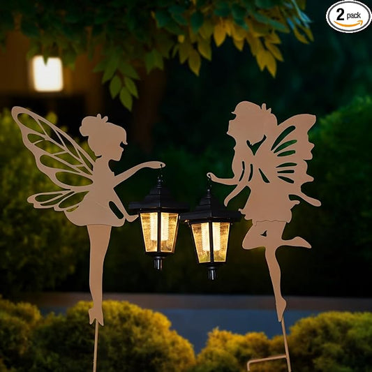 Solar Fairy Garden Decor Lights, 2 Packs, Metal Hanging Lanterns with Warm Solar Glow for Women, Mom, Friends (Rust-Colored Fairy Big Lights)