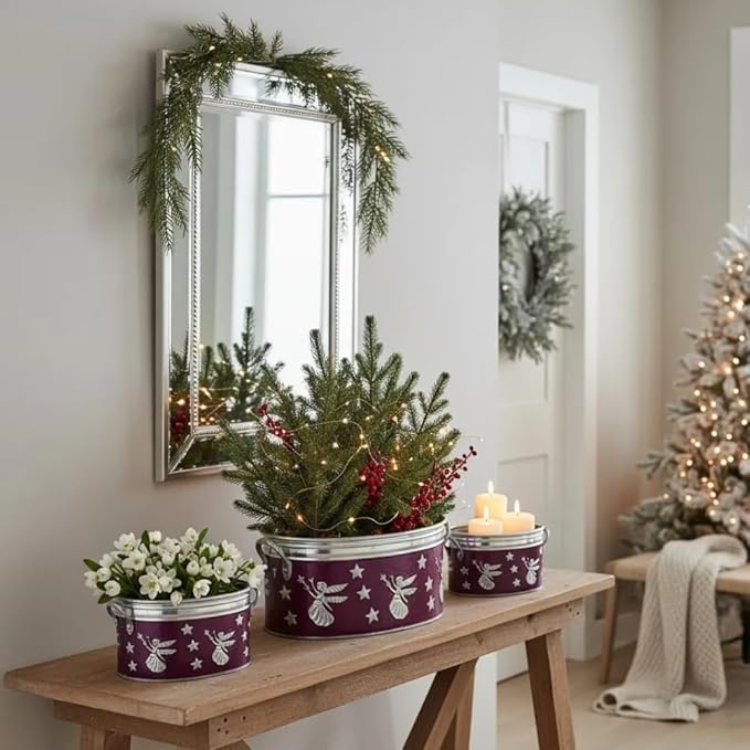 Set of 3 Vintage Christmas Metal Planters – Embossed Angel & Star Cachepots with Silver Rims, Purple Galvanized Holiday Decor (10″, 9″, 7″ W)