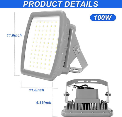 100W LED Explosion Proof Flood Light, Class I Division 2, 5000K IP68/IK10 Hazardous Location Lighting for Petroleum Refineries, Utility Gas Plants, Storage Areas, 100-277V, UL Listed