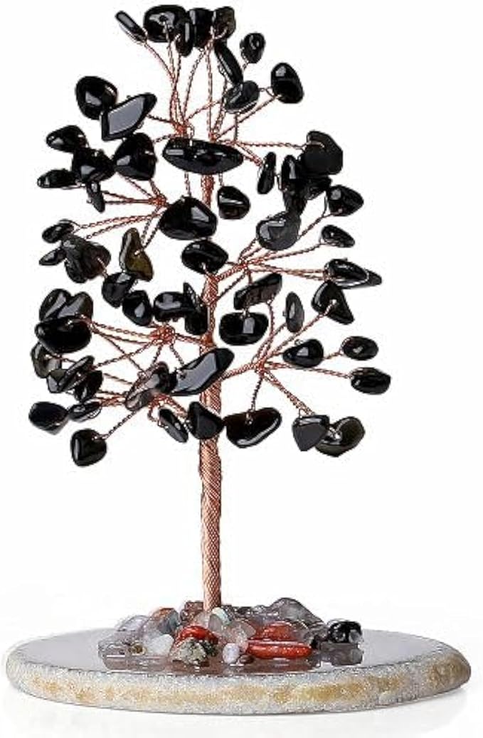 YATOJUZI Black Obsidian Crystal Trees Natural Crystals Stones Gemstones Tree Copper Wire Agate Base Tree of Life Feng Shui Decor Reiki Energy Lucky for Room Desk Home Decors Gifts for Women Men