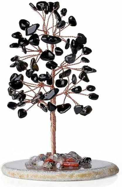 YATOJUZI Black Obsidian Crystal Trees Natural Crystals Stones Gemstones Tree Copper Wire Agate Base Tree of Life Feng Shui Decor Reiki Energy Lucky for Room Desk Home Decors Gifts for Women Men