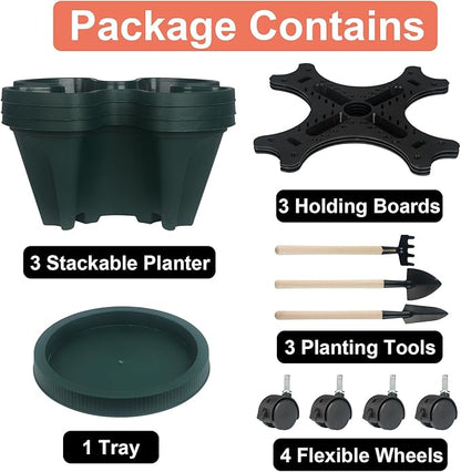 GameXcel Vertical Planter 3 Tier Stackable Planters Garden Planters Strawberry Herb Flower and Vegetable Planter Indoor Outdoor Gardening Pots with Removable Wheels and Tools 2-Pack