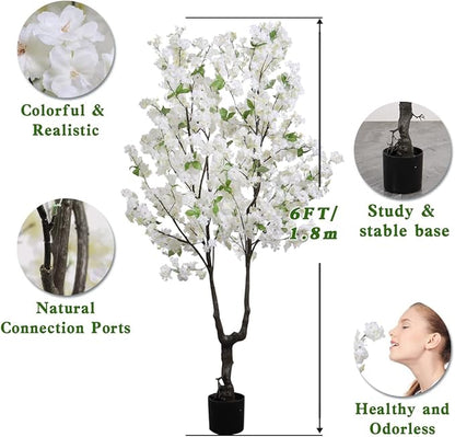Faux Cherry Blossom Tree Artificial White Flowering Trees Fake Cherry Blossom Decorative Tree 6FT Indoor for Christmas New Year Home Decor