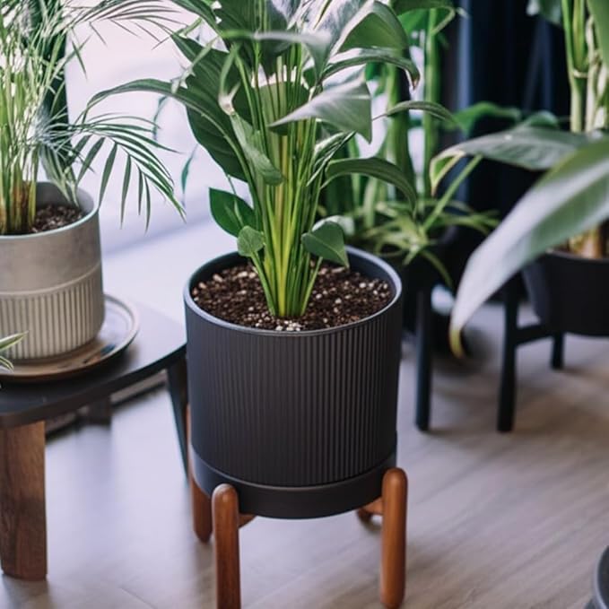 8 Inch Ceramic Planter with Natural Wood Stand w/Drainage & Saucer - Modern Indoor Planter for Cacti, Snake Plants & Aloe Vera Black