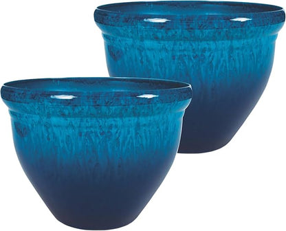 The HC Companies 9 Inch Pizzazz Round Planter Pots with Ceramic Look, Lightweight UV-Resistant Plastic Outdoor Planters, 2-Pack Flower Pots for Garden & Home Decor, Admiral Blue