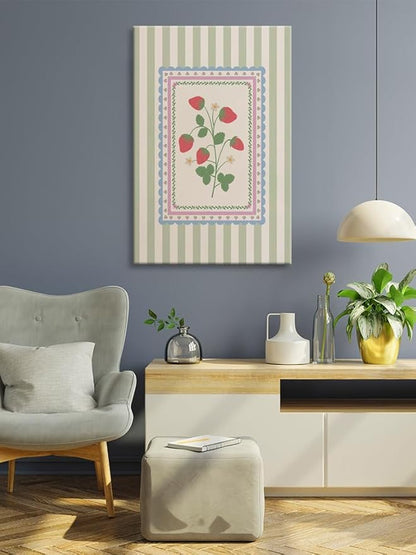Vintage Green Striped Strawberry Canvas Prints Painting Trendy Botanical Flowers Posters Cute Fruit Cottagecore Wall Art Farmhouse Boho Aesthetic Pictures Decor for Kitchen Bedroom 24x36inch Unframed